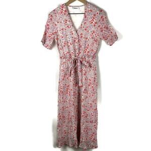 MNIMUM Biola Modest Floral Button Up Crinkle V-Neck Shirtdress Red/White Sz US 2